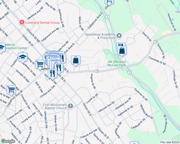 map of restaurants, bars, coffee shops, grocery stores, and more near 114 Corban Avenue Southeast in Concord