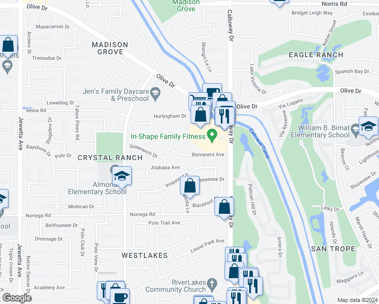 map of restaurants, bars, coffee shops, grocery stores, and more near 10000 Balvanera Avenue in Bakersfield