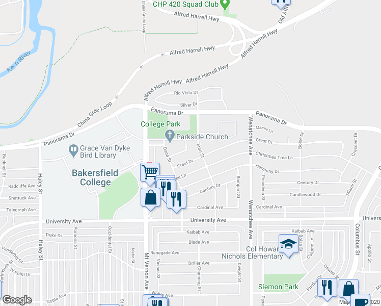 map of restaurants, bars, coffee shops, grocery stores, and more near 2701 Crest Drive in Bakersfield