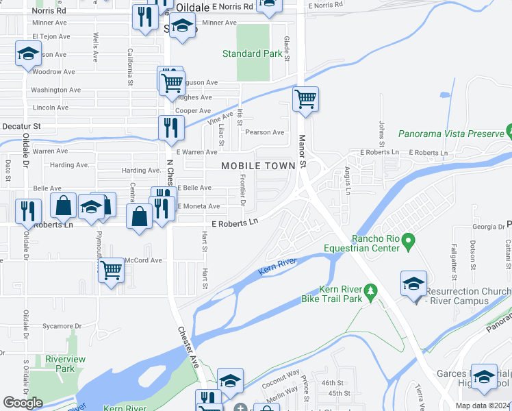 map of restaurants, bars, coffee shops, grocery stores, and more near 324 Frontier Drive in Bakersfield