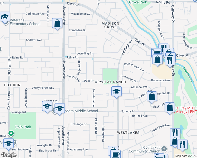 map of restaurants, bars, coffee shops, grocery stores, and more near 10807 Polo Drive in Bakersfield