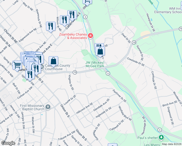 map of restaurants, bars, coffee shops, grocery stores, and more near 197 Riverbirch Drive Southeast in Concord