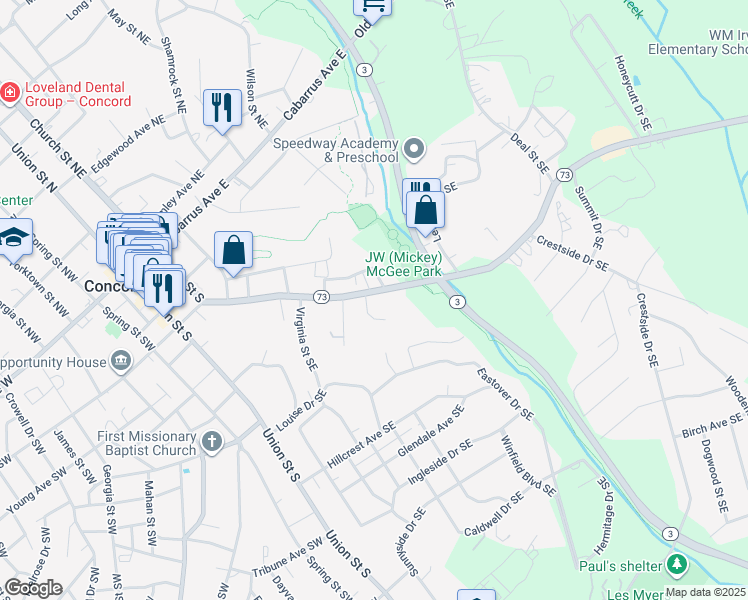 map of restaurants, bars, coffee shops, grocery stores, and more near 180 Riverbirch Drive Southeast in Concord