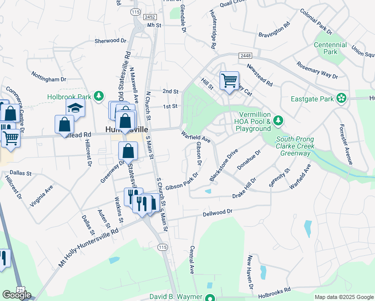 map of restaurants, bars, coffee shops, grocery stores, and more near 14119 Garden District Row in Huntersville