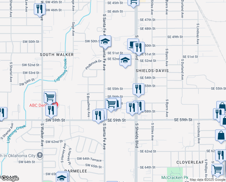 map of restaurants, bars, coffee shops, grocery stores, and more near 5 Southeast 56th Street in Oklahoma City