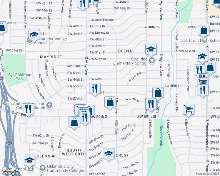 map of restaurants, bars, coffee shops, grocery stores, and more near 5701 South Ross Avenue in Oklahoma City