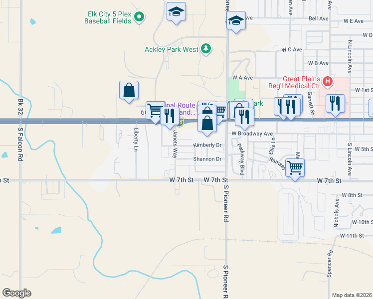map of restaurants, bars, coffee shops, grocery stores, and more near 201 Shannon Drive in Elk City
