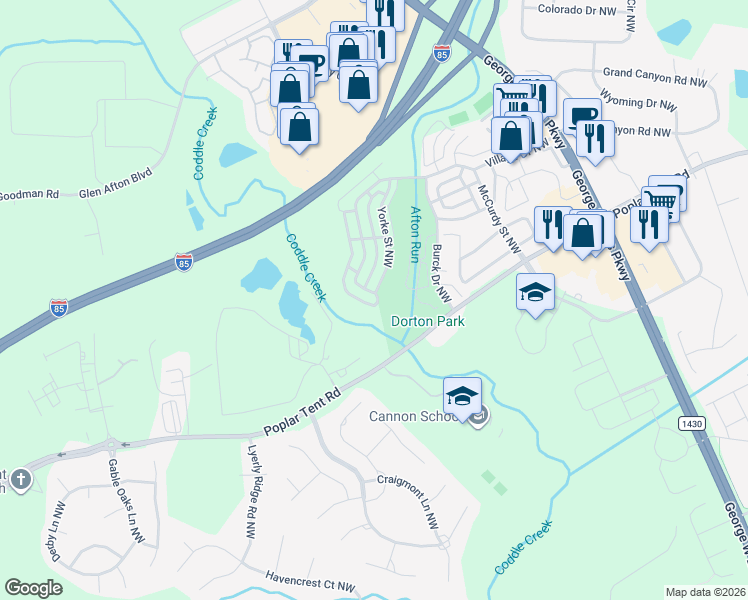 map of restaurants, bars, coffee shops, grocery stores, and more near 6176 Village Drive Northwest in Concord