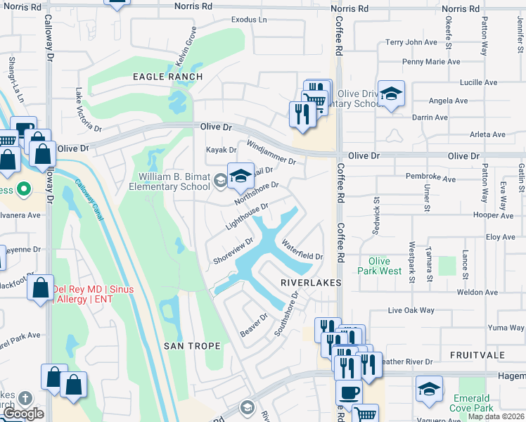 map of restaurants, bars, coffee shops, grocery stores, and more near 5411 Cove Court in Bakersfield