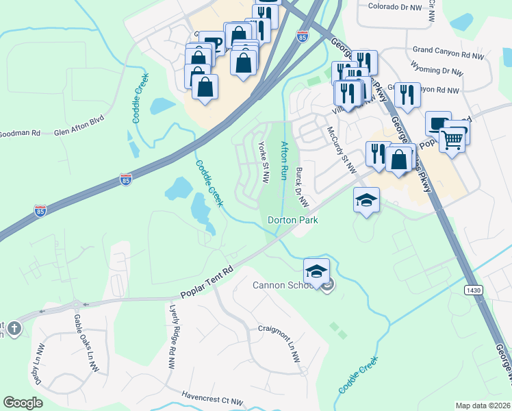 map of restaurants, bars, coffee shops, grocery stores, and more near 6176 Village Drive Northwest in Concord
