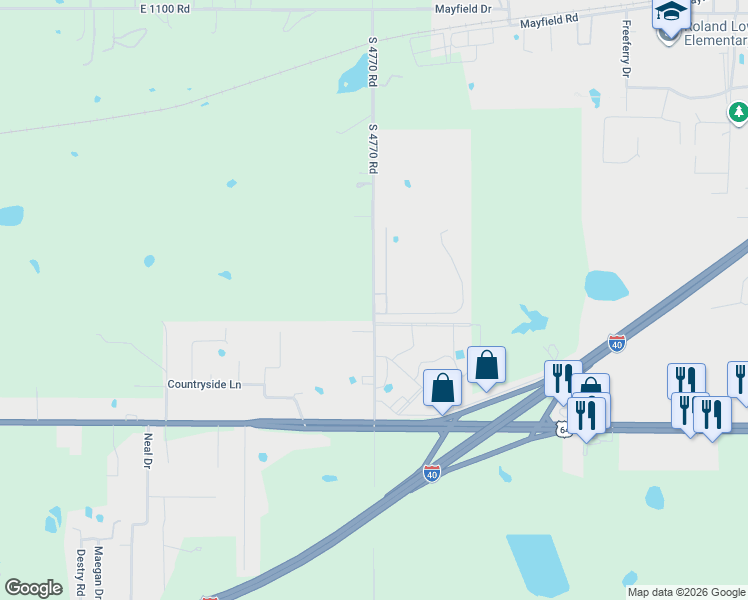 map of restaurants, bars, coffee shops, grocery stores, and more near 650 South 4770 Road in Muldrow