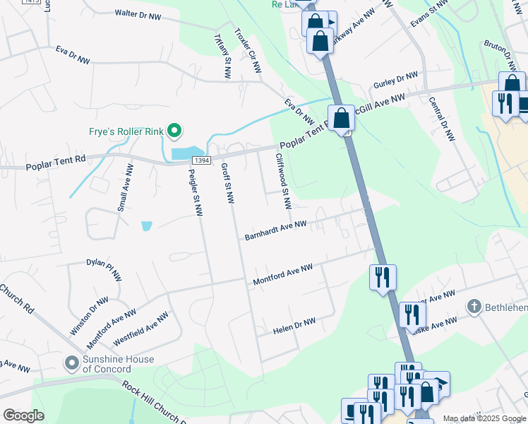 map of restaurants, bars, coffee shops, grocery stores, and more near 373 Raleigh Street Northwest in Concord