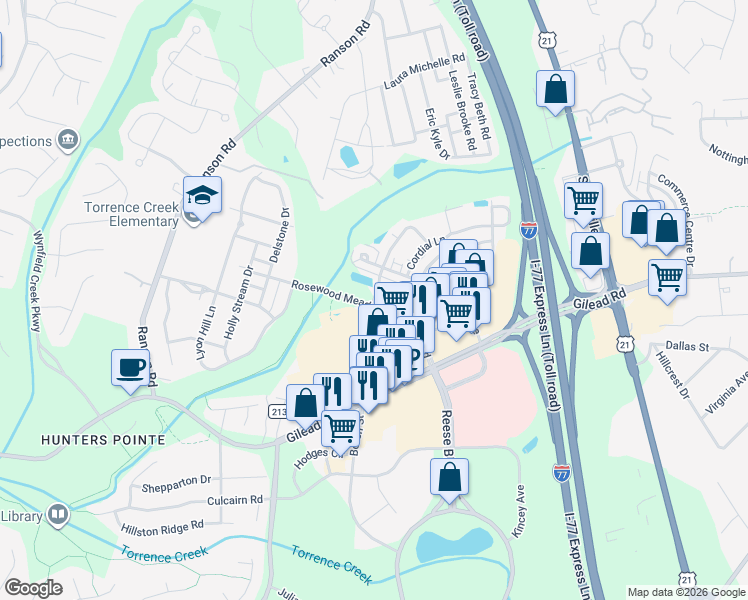 map of restaurants, bars, coffee shops, grocery stores, and more near in Huntersville