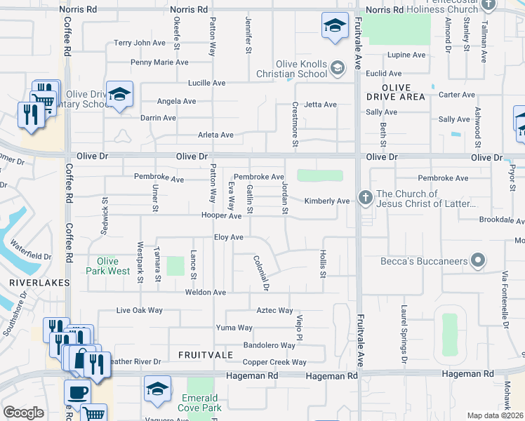map of restaurants, bars, coffee shops, grocery stores, and more near 7001 Hooper Avenue in Bakersfield
