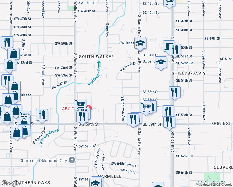 map of restaurants, bars, coffee shops, grocery stores, and more near 5713 South Broadway Avenue in Oklahoma City