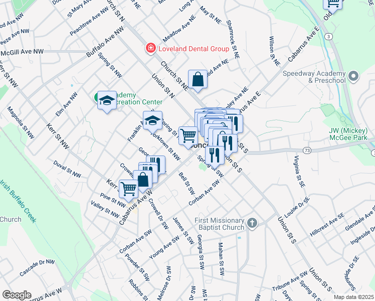map of restaurants, bars, coffee shops, grocery stores, and more near 13 Spring Street Northwest in Concord