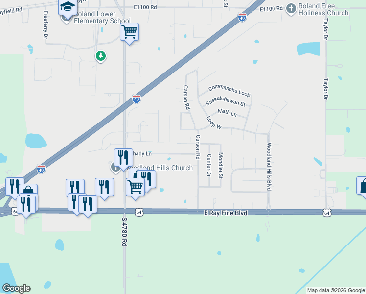 map of restaurants, bars, coffee shops, grocery stores, and more near 116-230 Shady Ln in Roland
