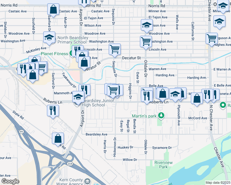 map of restaurants, bars, coffee shops, grocery stores, and more near 650 Roberts Lane in Bakersfield