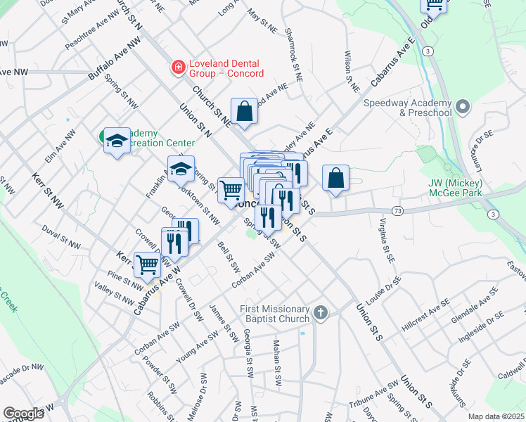 map of restaurants, bars, coffee shops, grocery stores, and more near 30 Market Street Southwest in Concord
