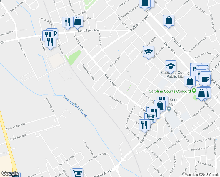 map of restaurants, bars, coffee shops, grocery stores, and more near 295 Academy Avenue Northwest in Concord