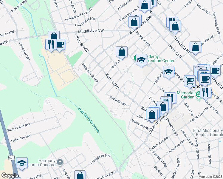 map of restaurants, bars, coffee shops, grocery stores, and more near 295 Academy Avenue Northwest in Concord