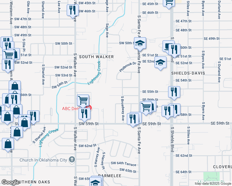 map of restaurants, bars, coffee shops, grocery stores, and more near 5713 South Broadway Avenue in Oklahoma City