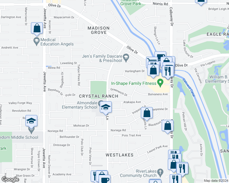 map of restaurants, bars, coffee shops, grocery stores, and more near 5416 Broad Acres Avenue in Bakersfield