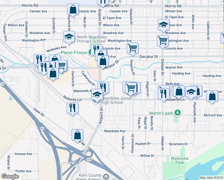 map of restaurants, bars, coffee shops, grocery stores, and more near 401 Belmont Avenue in Bakersfield