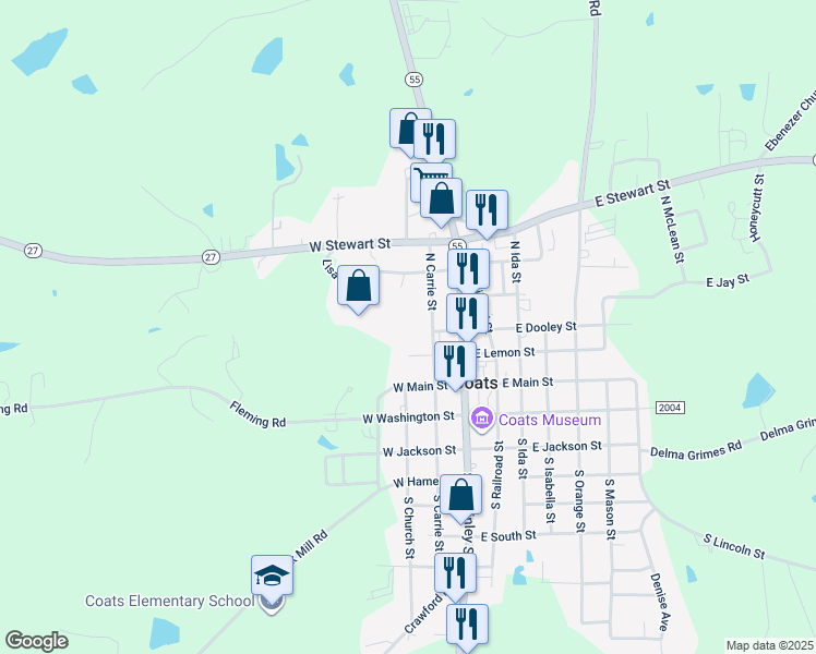 map of restaurants, bars, coffee shops, grocery stores, and more near 128 West Lemon Street in Coats