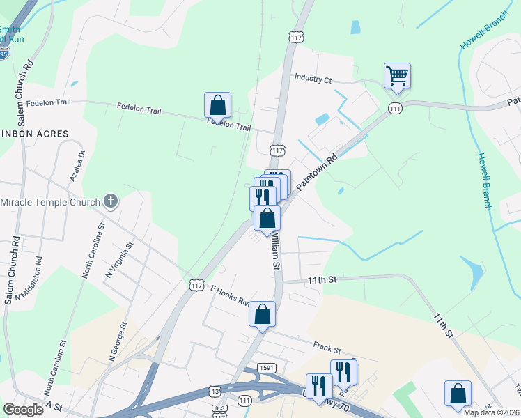 map of restaurants, bars, coffee shops, grocery stores, and more near 102 West Patetown Road in Goldsboro