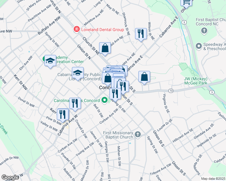 map of restaurants, bars, coffee shops, grocery stores, and more near 23 Market Street Southwest in Concord