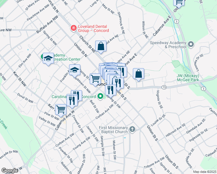 map of restaurants, bars, coffee shops, grocery stores, and more near 30 Market Street Southwest in Concord