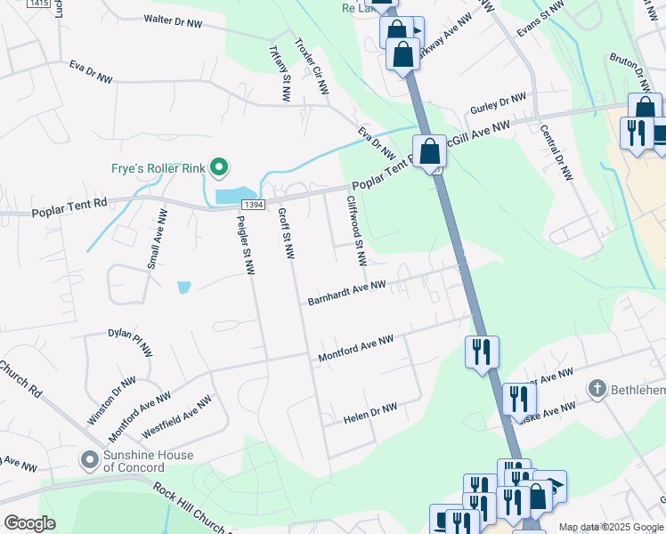 map of restaurants, bars, coffee shops, grocery stores, and more near 373 Raleigh Street Northwest in Concord