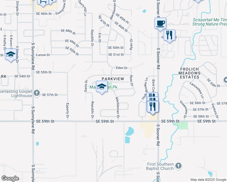 map of restaurants, bars, coffee shops, grocery stores, and more near 5601 Mackleman Drive in Oklahoma City
