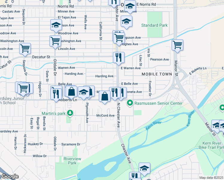 map of restaurants, bars, coffee shops, grocery stores, and more near 106 Moneta Avenue in Bakersfield