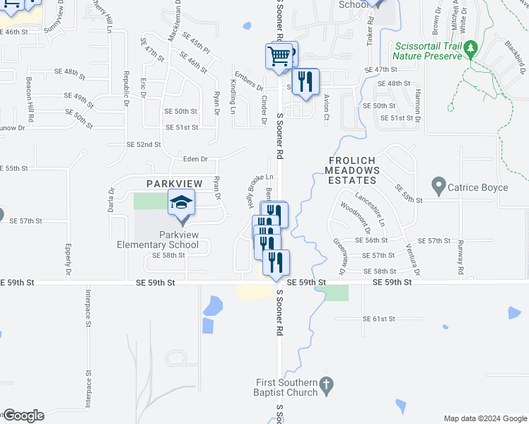 map of restaurants, bars, coffee shops, grocery stores, and more near 5609 Bent Creek Drive in Oklahoma City