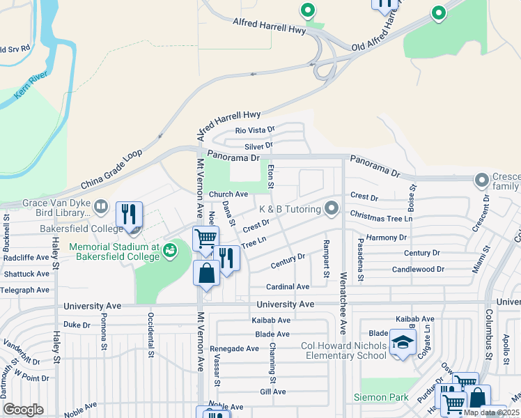 map of restaurants, bars, coffee shops, grocery stores, and more near 2601 Bishop Drive in Bakersfield