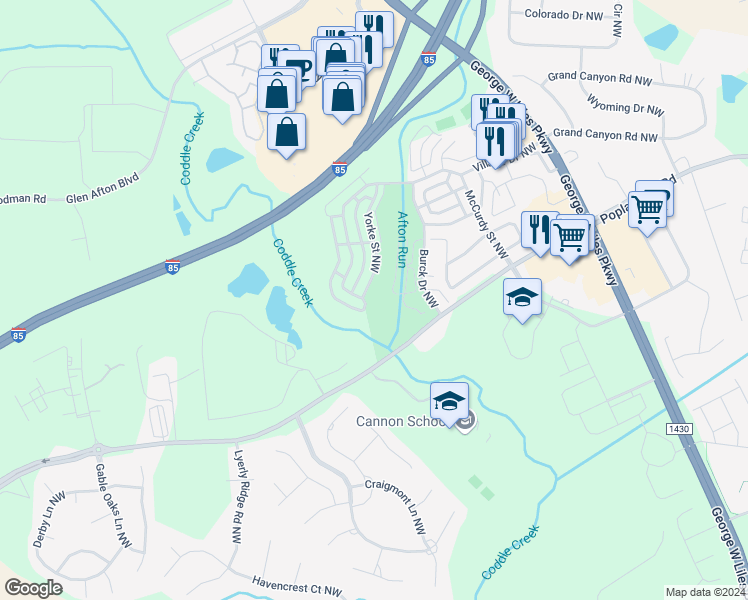 map of restaurants, bars, coffee shops, grocery stores, and more near 5700 Poplar Tent Road in Concord