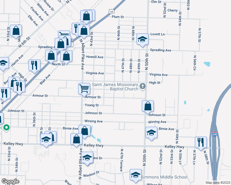 map of restaurants, bars, coffee shops, grocery stores, and more near 3112 North 46th Street in Fort Smith
