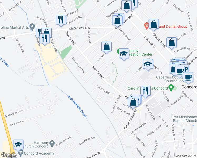 map of restaurants, bars, coffee shops, grocery stores, and more near 265 Academy Avenue Northwest in Concord