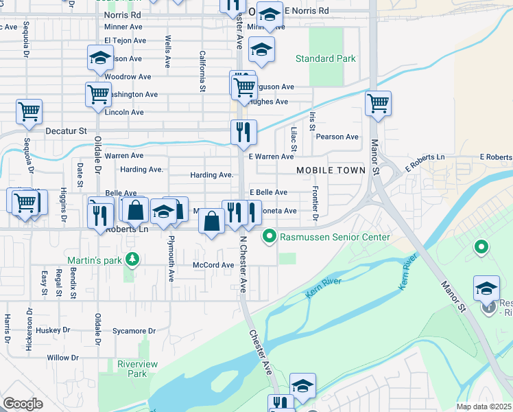 map of restaurants, bars, coffee shops, grocery stores, and more near 105 East Belle Avenue in Bakersfield