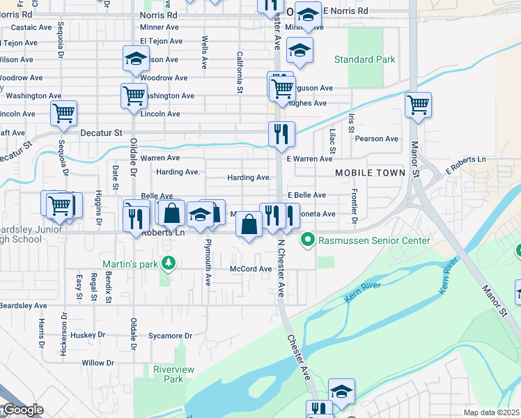 map of restaurants, bars, coffee shops, grocery stores, and more near 110 Belle Avenue in Bakersfield