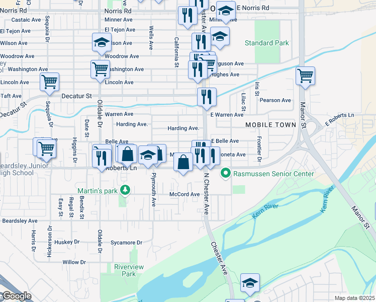 map of restaurants, bars, coffee shops, grocery stores, and more near 110 Belle Avenue in Bakersfield