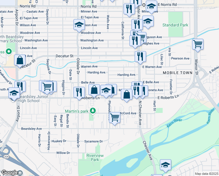 map of restaurants, bars, coffee shops, grocery stores, and more near 218 Belle Avenue in Bakersfield
