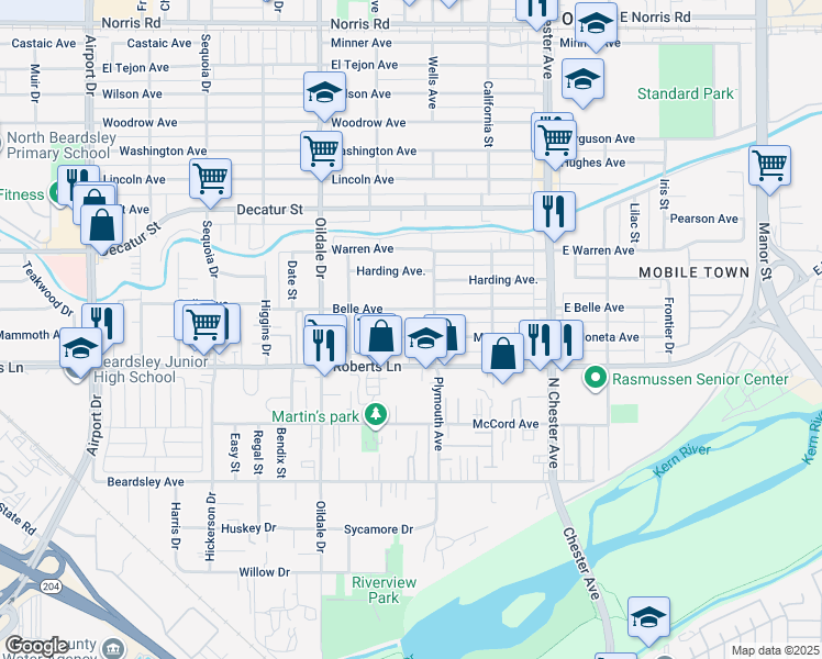 map of restaurants, bars, coffee shops, grocery stores, and more near 307 Belle Avenue in Bakersfield