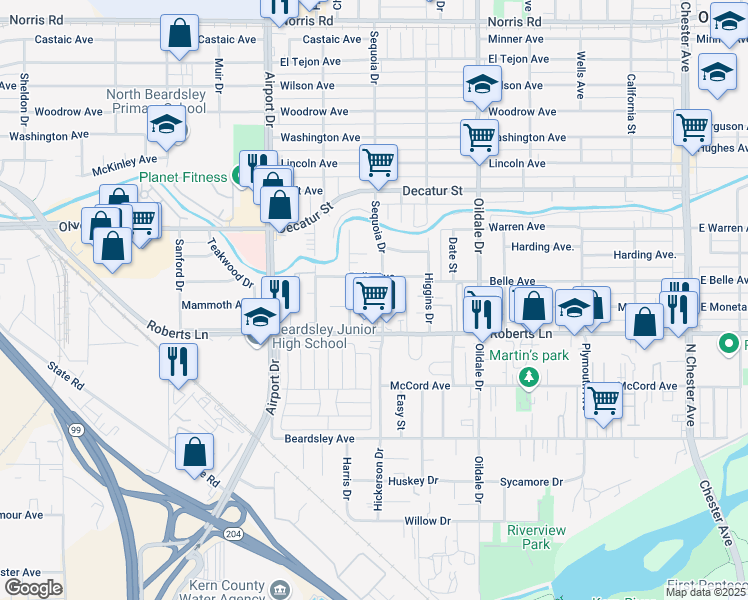 map of restaurants, bars, coffee shops, grocery stores, and more near 440 Sequoia Drive in Bakersfield