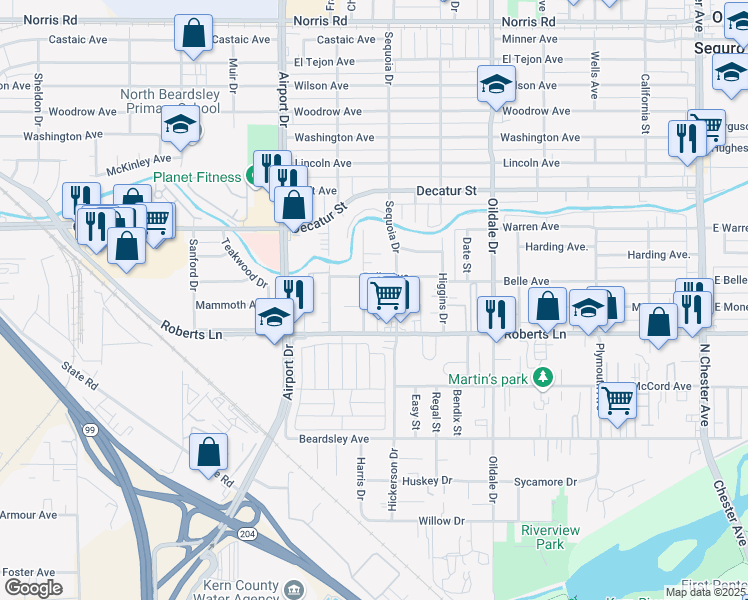 map of restaurants, bars, coffee shops, grocery stores, and more near 424 Covey Avenue in Bakersfield