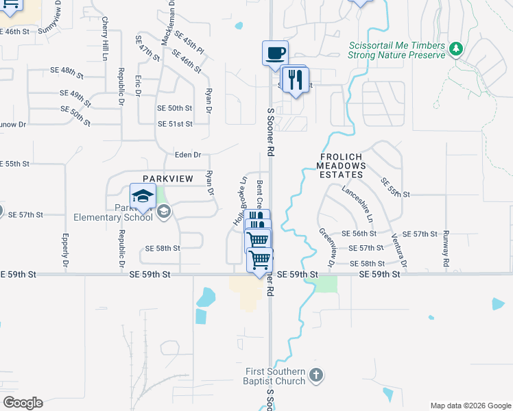 map of restaurants, bars, coffee shops, grocery stores, and more near 5504 Holly Brooke Lane in Oklahoma City