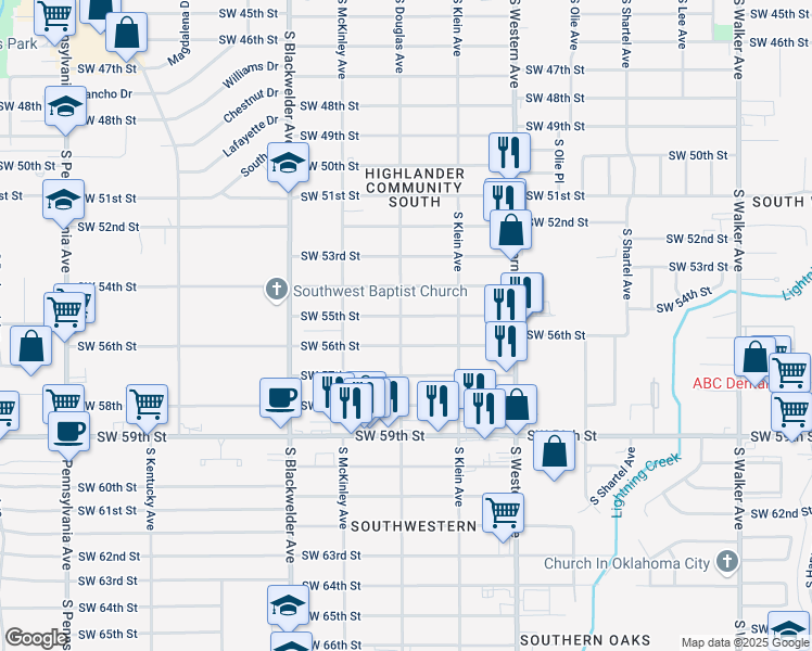 map of restaurants, bars, coffee shops, grocery stores, and more near 5520 South Douglas Avenue in Oklahoma City