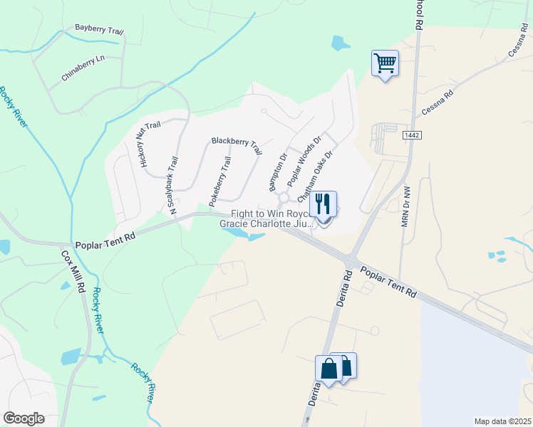 map of restaurants, bars, coffee shops, grocery stores, and more near 8572 Forest Point Road Northwest in Concord